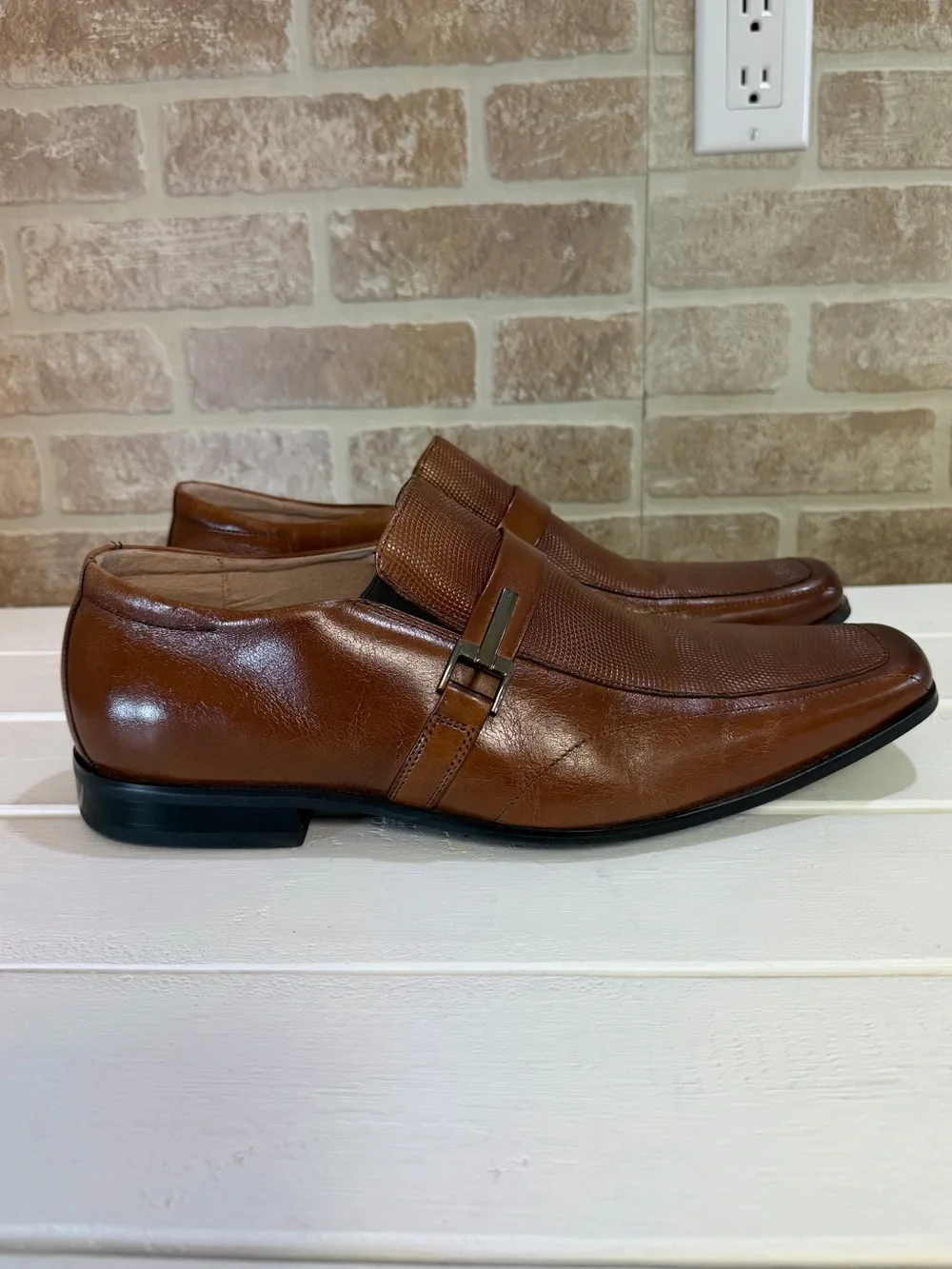 Stacy Adams Men’s Brown Leather Slip-On Dress Loafers Textured Square Toe SZ 12W